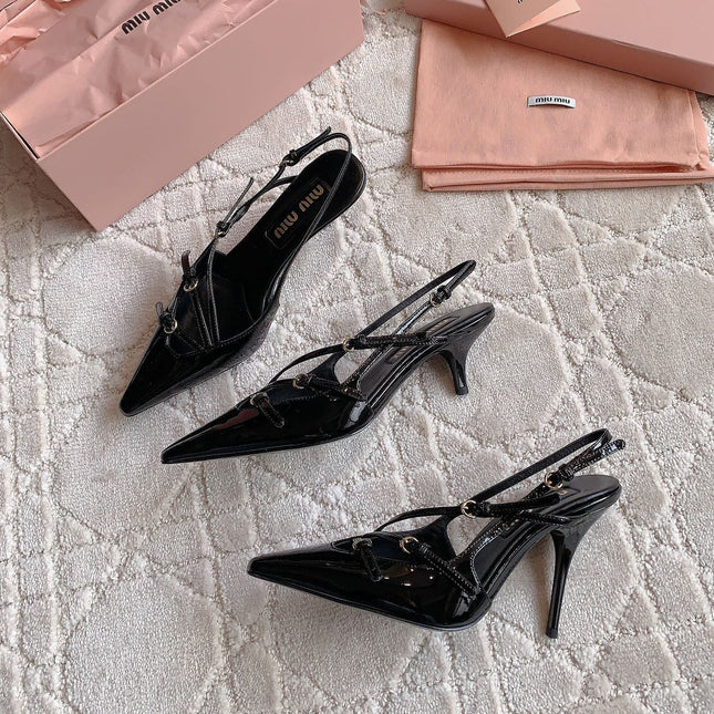 Slingback Black Leather With Stylized Cross Straps - High heels