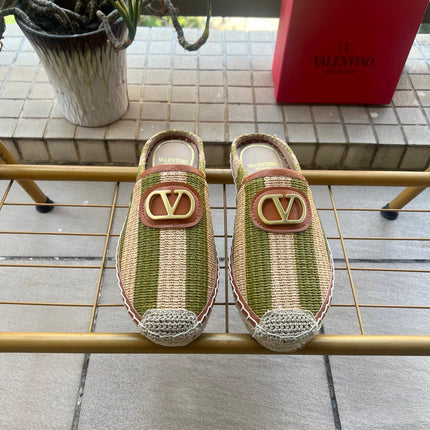 VALENTINO 26S ESPADRILLE MULES IN GREEN AND BEIGE RAFFIA