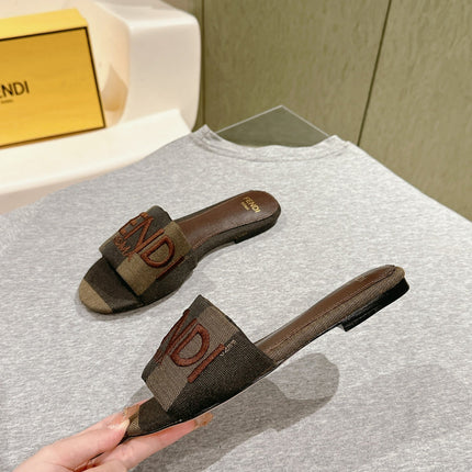 FENDI 26S SLIDE SANDALS IN KHAKI & DARK BROWN CANVAS