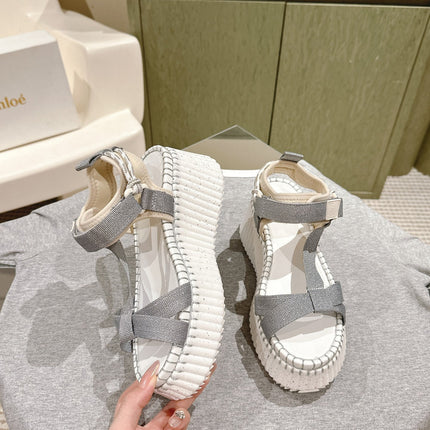 CHLOÉ 26S WEDGE SANDALS IN WHITE LAMBSKIN AND GREY CANVAS