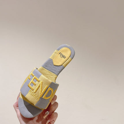 FENDI 26S SLIDE SANDALS IN YELLOW AND GREY CANVAS