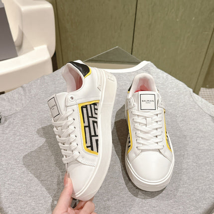 BALMAIN 26S SNEAKERS IN WHITE CALFSKIN AND BEIGE CANVAS
