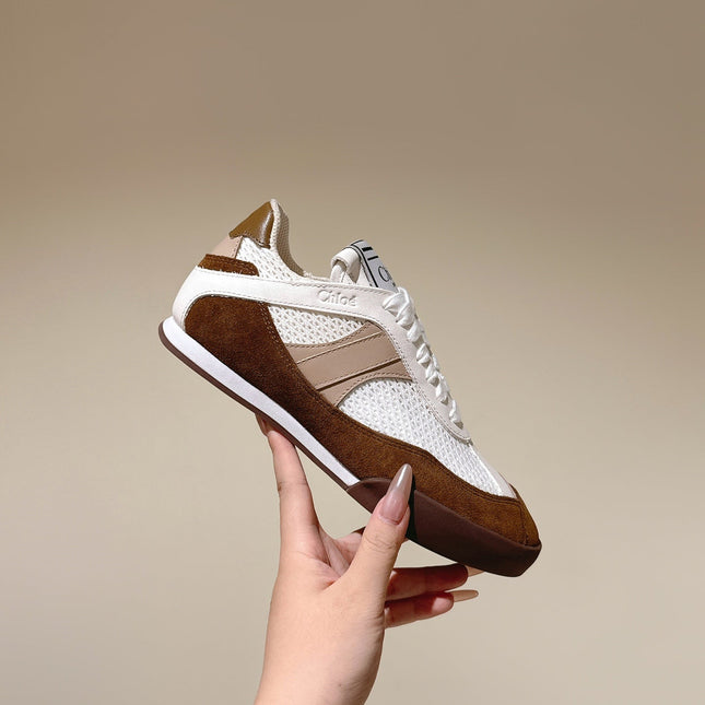 CHLOÉ 26S SNEAKERS IN WHITE MESH AND BROWN SUEDE