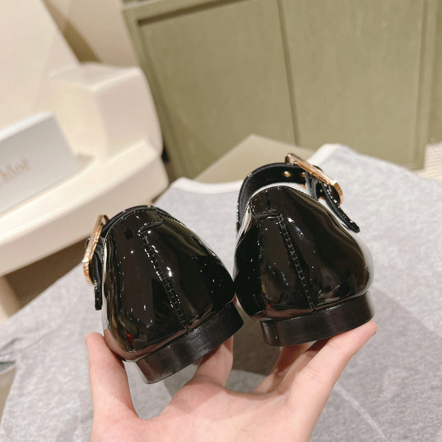 CHLOÉ 26S MARY JANE FLATS IN BLACK GLOSSY CALFSKIN