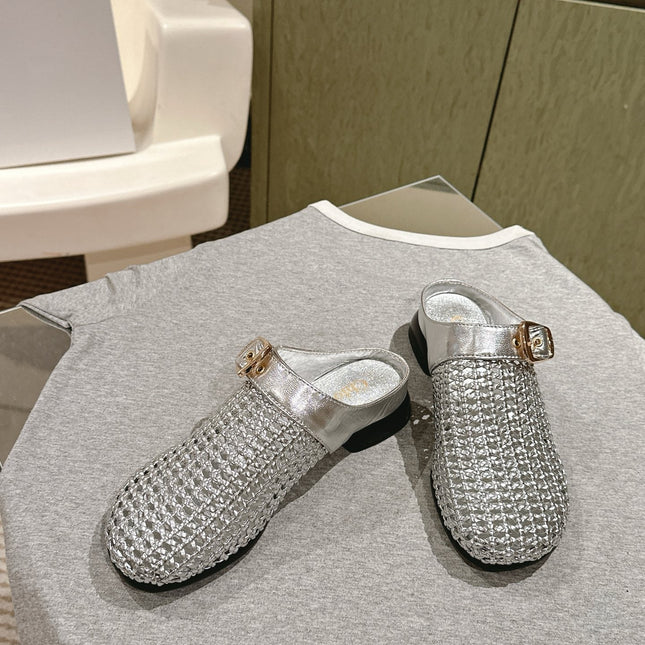 CHLOÉ 26S WOVEN MULES IN SILVER CALFSKIN