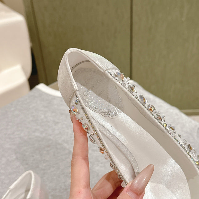 RENE CAOVILLA 26S BALLET FLATS IN WHITE LACE FABRIC CRYSTAL EMBELLISHED