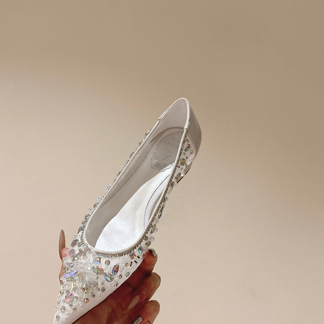 RENE CAOVILLA 26S BALLET FLATS IN WHITE LACE FABRIC CRYSTAL EMBELLISHED
