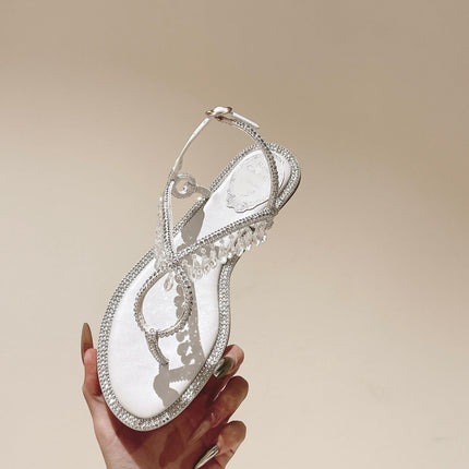 RENE CAOVILLA 26S THONG SANDALS IN WHITE LAMBSKIN CRYSTAL EMBELLISHED STRAP