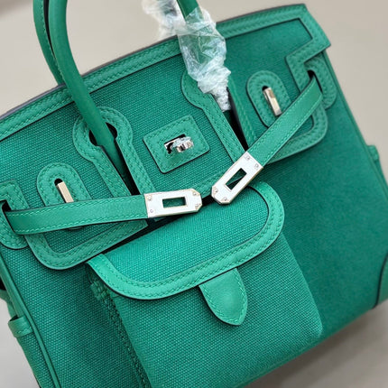HM 25S BIRKIN CARGO 25 CM IN DARK JADE GREEN CANVAS AND SWIFT WITH SILVER HARDWARE