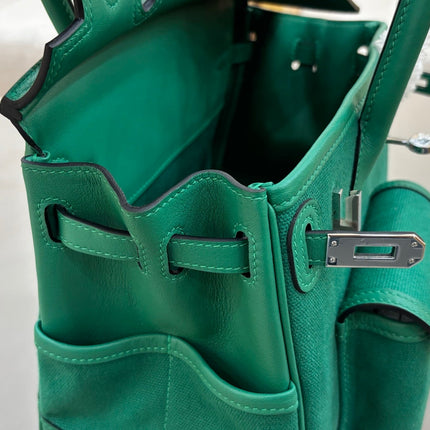 HM 25S BIRKIN CARGO 25 CM IN DARK JADE GREEN CANVAS AND SWIFT WITH SILVER HARDWARE