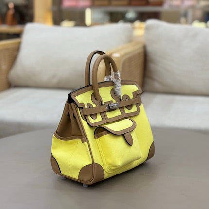 HM 25S BIRKIN CARGO 25 CM IN YELLOW CANVAS AND BROWN SWIFT WITH SILVER HARDWARE
