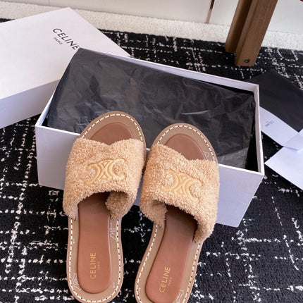 CELINE 26S TRIOMPHE FLAT SLIDES IN PEACH BEIGE WOOL