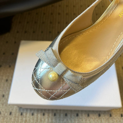 DIOR 26S OPEN BACK SANDALS IN SILVER CALFSKIN WITH PEARL BOW