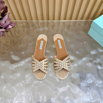 AQUAZZURA 26S SLIDES IN LIGHT GOLD EMBOSSED LEATHER 