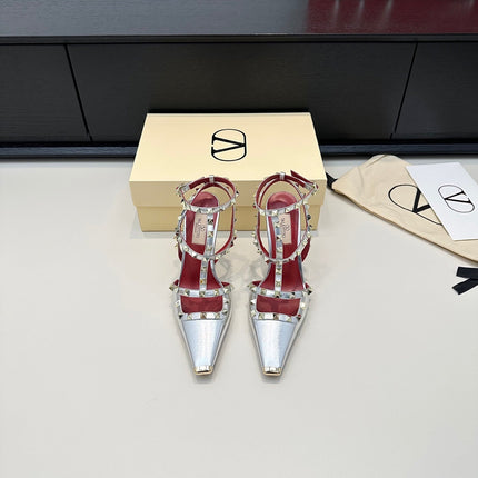 VALENTINO 26S ROCKSTUD SLINGBACK PUMPS 100 MM IN METALLIC SILVER CALFSKIN