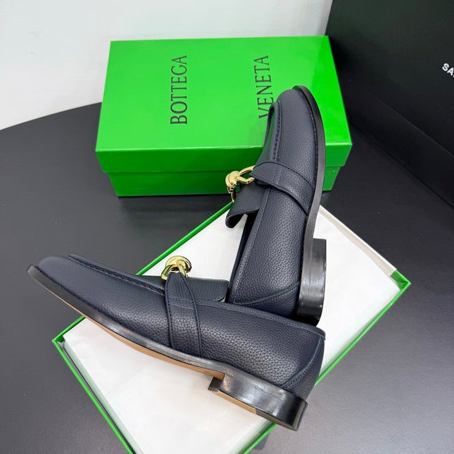 BOTTEGA VENETA 26S LOAFERS IN BLUE GRAY GRAINED CALFSKIN WITH GOLD HARDWARE