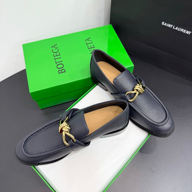 BOTTEGA VENETA 26S LOAFERS IN BLUE GRAY GRAINED CALFSKIN WITH GOLD HARDWARE