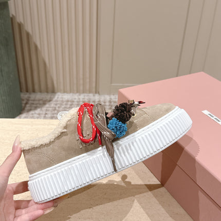 MIUMIU 25S SNEAKERS 50MM IN DARK BEIGE SUEDE WITH SHEARLING