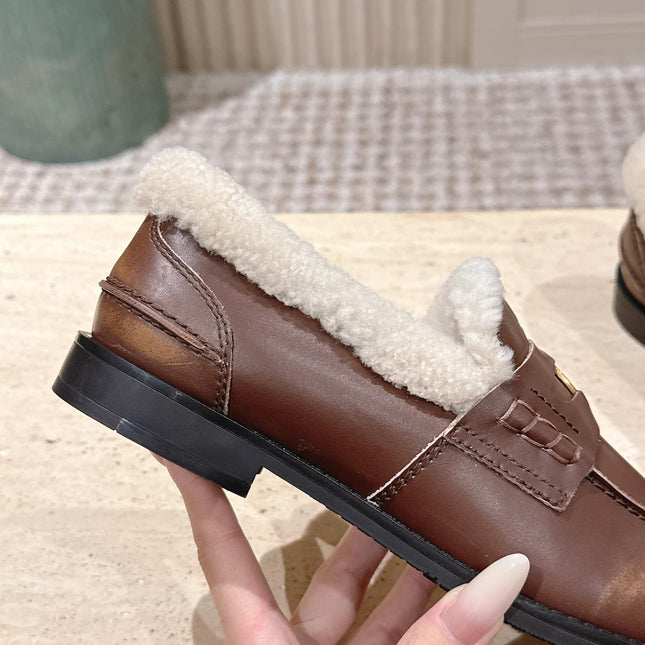MIUMIU 25S PENNY LOAFERS 20MM IN EBONY BROWN BLEACHED CALFSKIN WITH SHEARLING