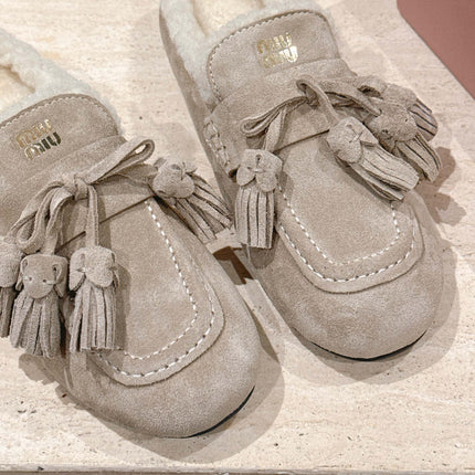 MIUMIU 25S MULES IN DESERT BEIGE SUEDE WITH SHEARLING