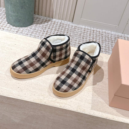 MIUMIU 25S SLIP-ON BOOTIES IN CAMEL BEIGE AND BLUE WOOL WITH SHEARLING