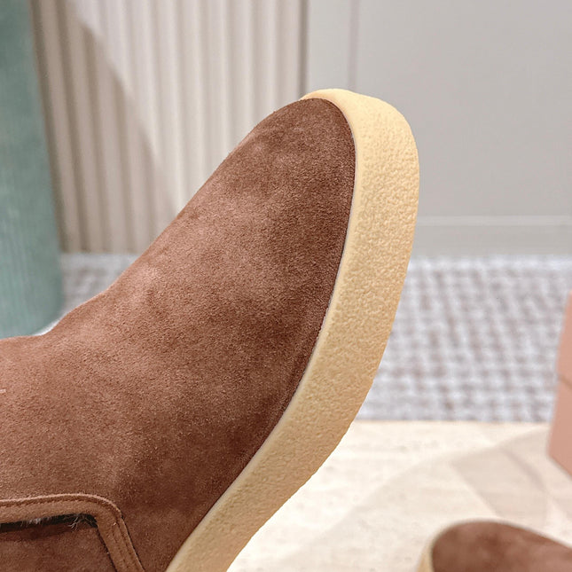 MIUMIU 25S SLIP-ON BOOTIES IN DARK BROWN SUEDE WITH FAUX SHEARLING