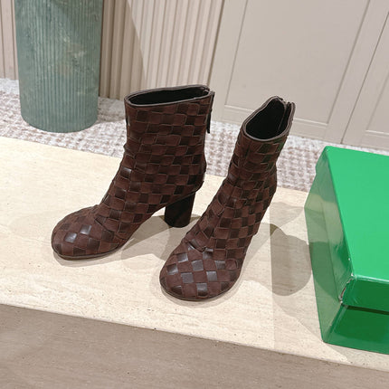 BOTTEGA VENETA 26S INTRECCIATO BOOTS 85 MM IN DARK BROWN SUEDE AND LAMBSKIN