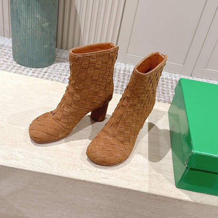 BOTTEGA VENETA 26S INTRECCIATO BOOTS 85 MM IN BROWN SUEDE