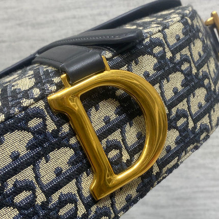 DIOR 25S MEDIUM SOFT SADDLE BAG 25 IN BLUE DIOR OBLIQUE JACQUARD AND SMOOTH CALFSKIN