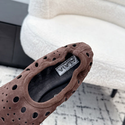 ALAIA 26S FLAT SLIP-ONS IN DARK BROWN SUEDE WITH OPENWORK PATTERN