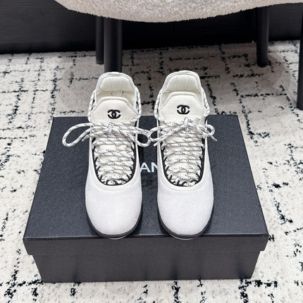CHANEL 26S LACE-UP SNEAKERS IN WHITE SUEDE