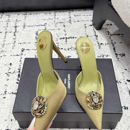 YSL 26S HEELED MULES 105 MM IN OLIVE GREEN SATIN