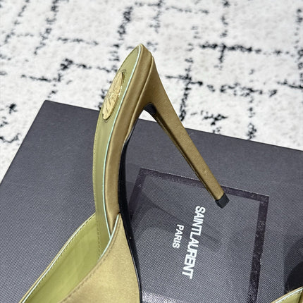 YSL 26S HEELED MULES 105 MM IN OLIVE GREEN SATIN