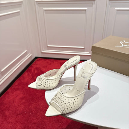 CHRISTIAN LOUBOUTIN 26S HEELED SANDALS 100 MM IN CREAM WHITE RHINESTONE MESH