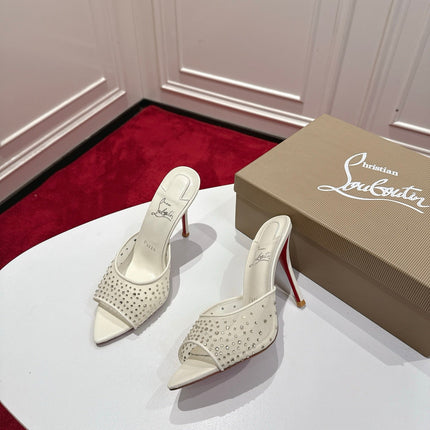 CHRISTIAN LOUBOUTIN 26S HEELED SANDALS 100 MM IN CREAM WHITE RHINESTONE MESH