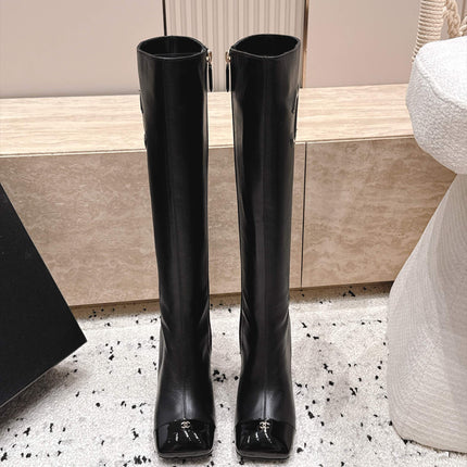 CHANEL 26S KNEE HIGH BOOTS 90 MM IN BLACK CALFSKN AND PATENT