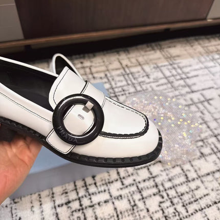 PRADA 26S BUCKLED LOAFERS IN WHITE CALFSKIN