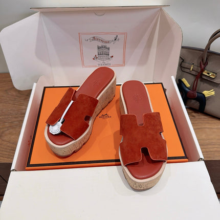 HM 26S WEDGE SANDALS IN REDDISH BROWN SUEDE AND LAMBSKIN