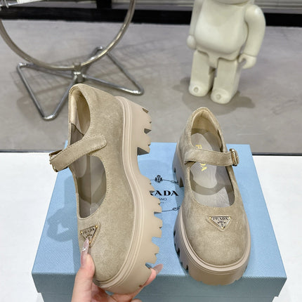 PRADA 25S PLATFORM MARY JANE SHOES IN BEIGE SUEDE STYLE 4