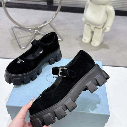 PRADA 25S PLATFORM MARY JANE SHOES IN BLACK SUEDE