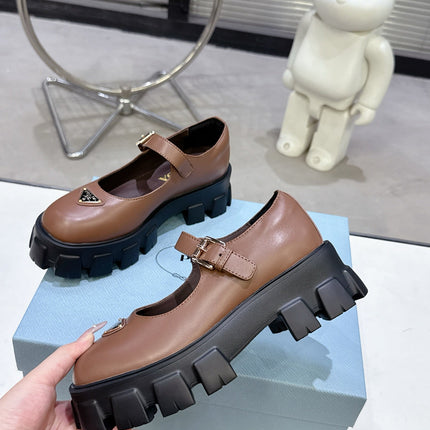 PRADA 25S PLATFORM MARY JANE SHOES IN BROWN CALFSKIN
