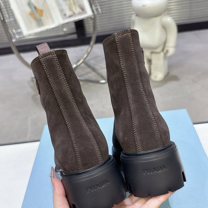 PRADA 25S ZIP-UP ANKLE BOOTS IN DARK BROWN SUEDE