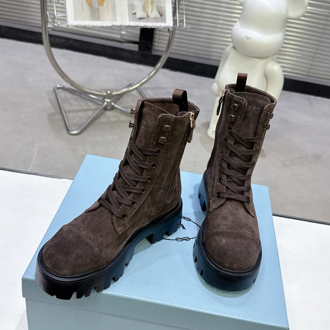 PRADA 25S WARRIOR BOOTS IN DARK BROWN SUEDE