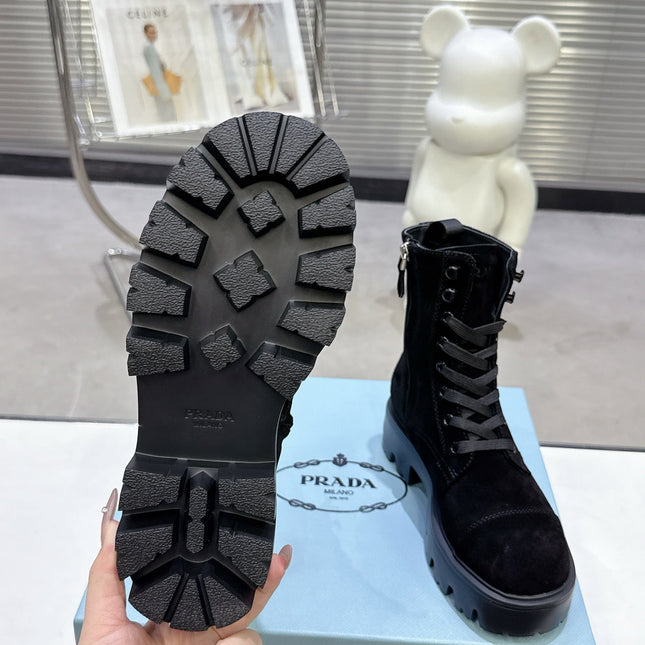 PRADA 25S WARRIOR BOOTS IN BLACK SUEDE