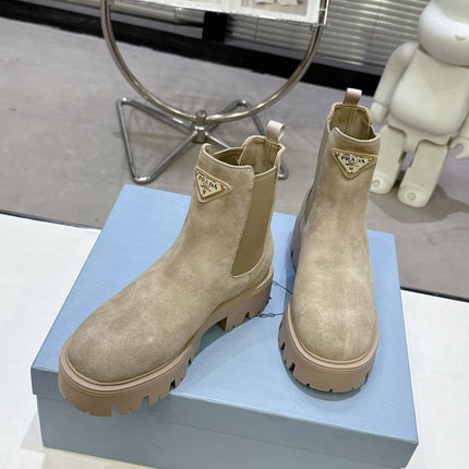 PRADA 25S RETRO PLATFORM MARTIN ANKLE BOOTS IN BEIGE SUEDE