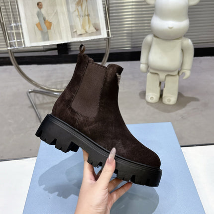 PRADA 25S RETRO PLATFORM MARTIN ANKLE BOOTS IN DARK BROWN SUEDE