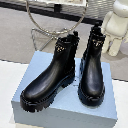 PRADA 25S RETRO PLATFORM MARTIN ANKLE BOOTS IN BLACK CALFSKIN