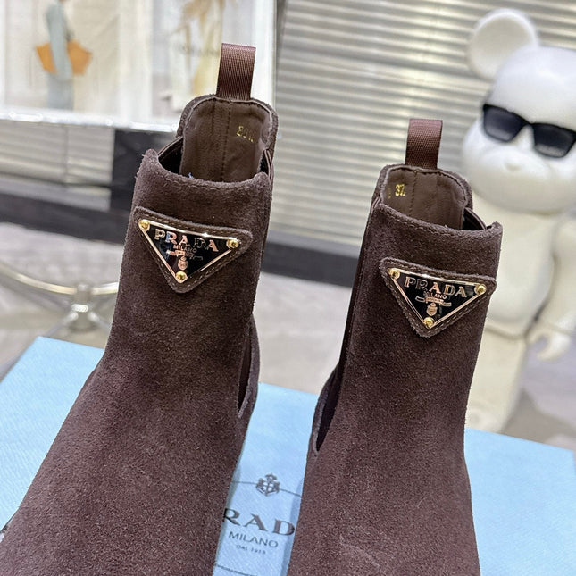 PRADA 25S RETRO PLATFORM MARTIN BOOTS IN DARK BROWN SUEDE