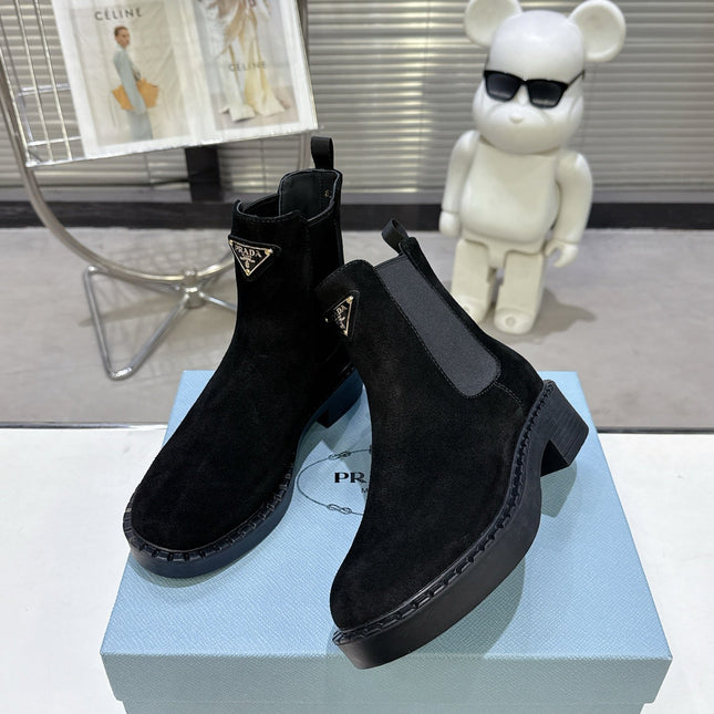 PRADA 25S RETRO PLATFORM MARTIN BOOTS IN BLACK SUEDE