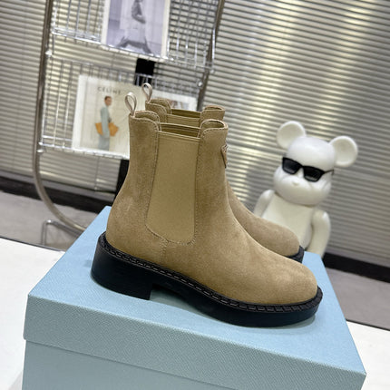 PRADA 25S RETRO PLATFORM MARTIN BOOTS IN BEIGE SUEDE
